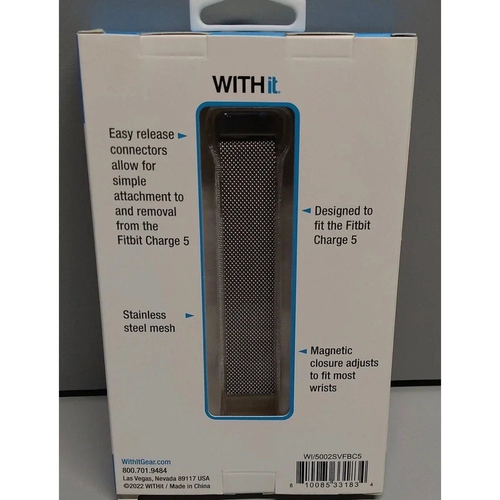 WITHit Stainless Steel‎ Mesh Band for Fitbit Charge 5 Silver Magnetic Strap